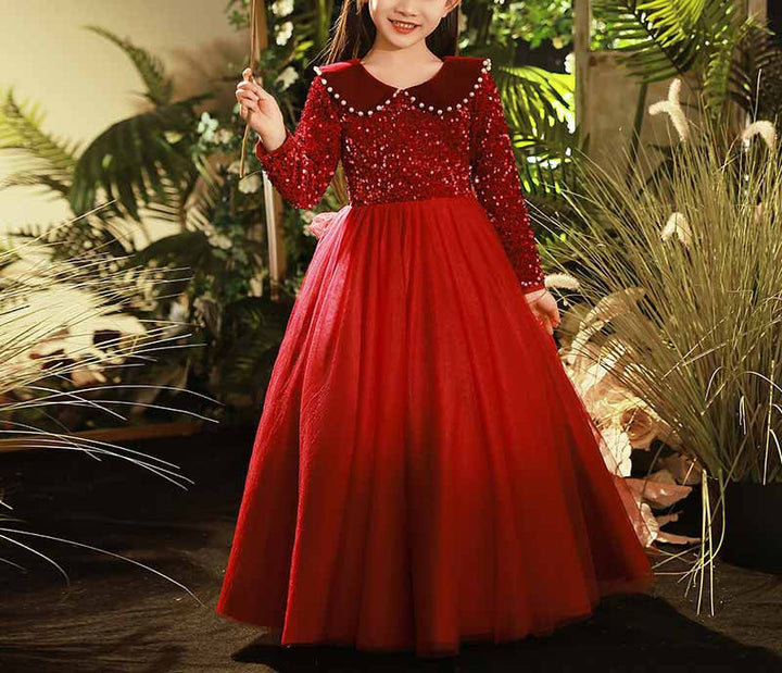 Beading Lapel Long Sleeves Princess Flower Girl Party Dress with Crystals