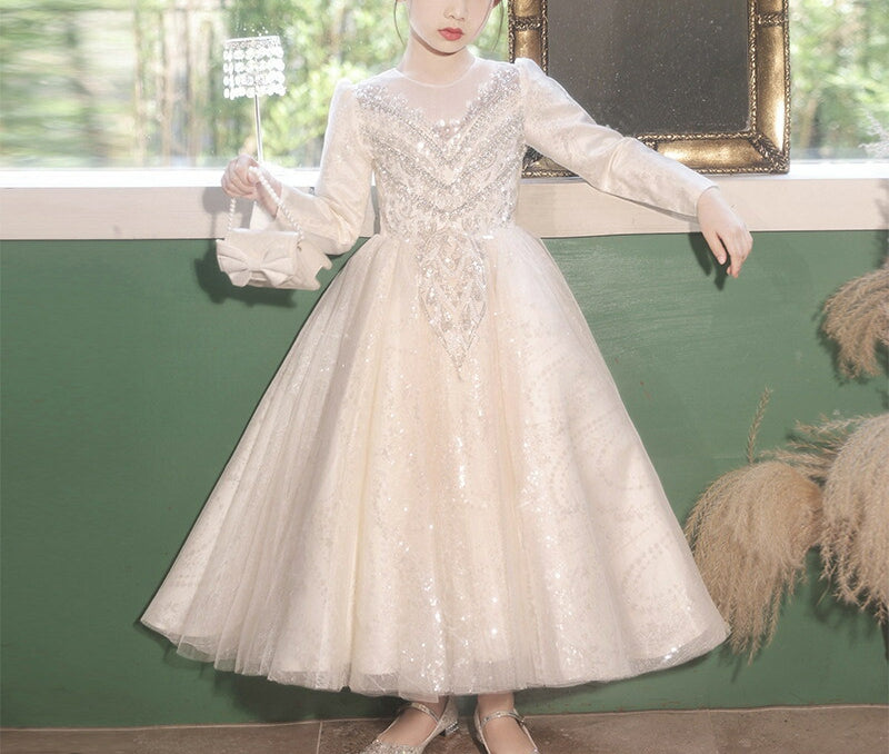 Ball Gown Round Neck Long Sleeves Flower Girl Dresses with Rhinestone Appliques