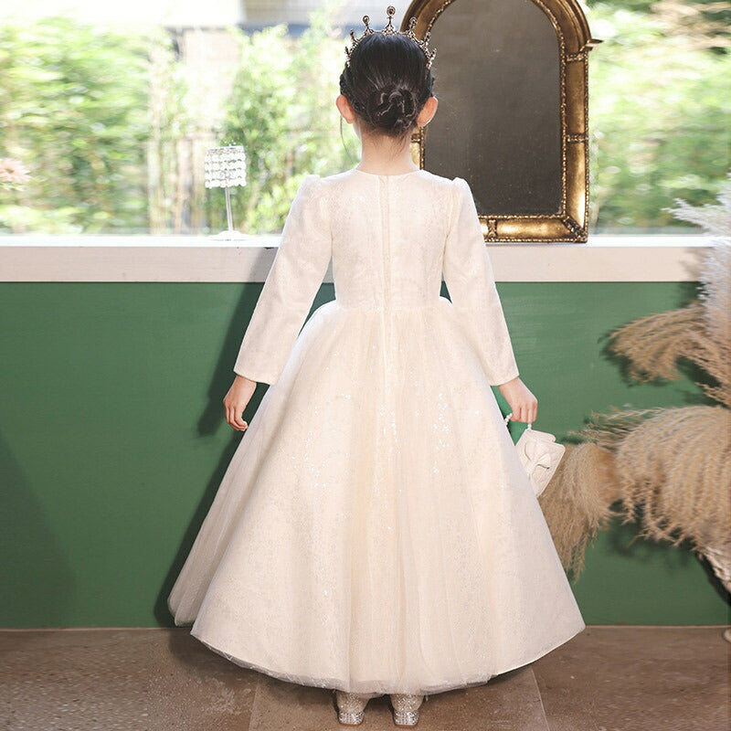 Ball Gown Round Neck Long Sleeves Flower Girl Dresses with Rhinestone Appliques