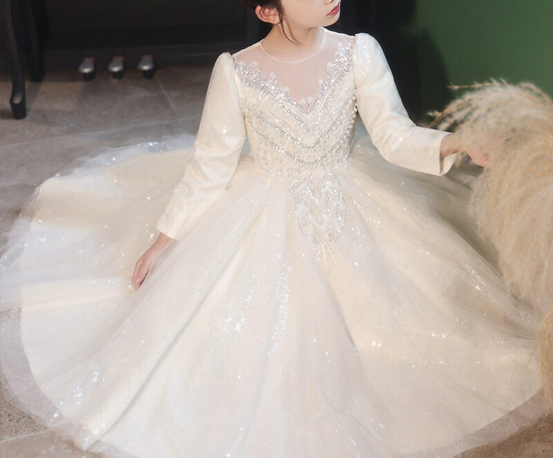 Ball Gown Round Neck Long Sleeves Flower Girl Dresses with Rhinestone Appliques