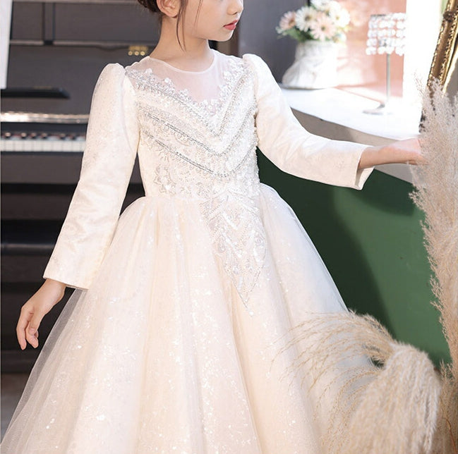 Ball Gown Round Neck Long Sleeves Flower Girl Dresses with Rhinestone Appliques