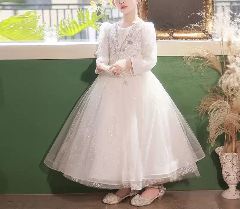 Ball Gown Round Neck Long Sleeves Flower Girl Lace Dress with Crystal Appliques