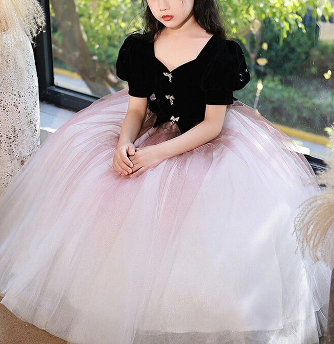 A-Line/Princess V-Neck Short Sleeves Floor Length Girl Party Dress with Crystals