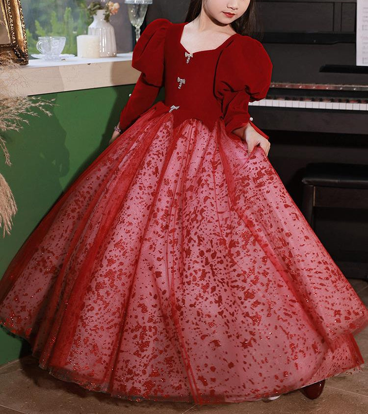 A-Line/Princess V-Neck Long Sleeves Floor Length Girl Red Party Dress