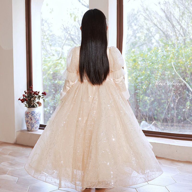 High Neck Long Sleeves Winter Lace Girl Party Dresses with Rhinestone Appliques