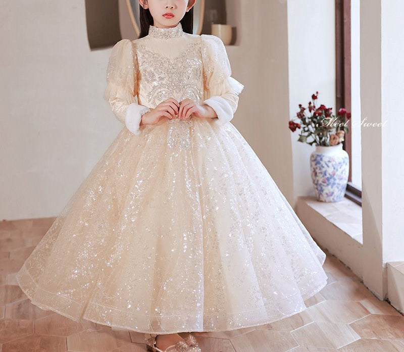 High Neck Long Sleeves Winter Lace Girl Party Dresses with Rhinestone Appliques