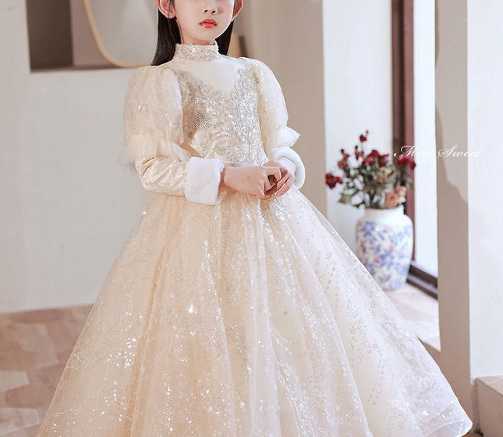 High Neck Long Sleeves Winter Lace Girl Party Dresses with Rhinestone Appliques