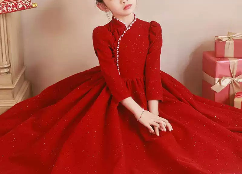 Beaded High Neck Long Sleeves Floor Length Red Girl Party Dress