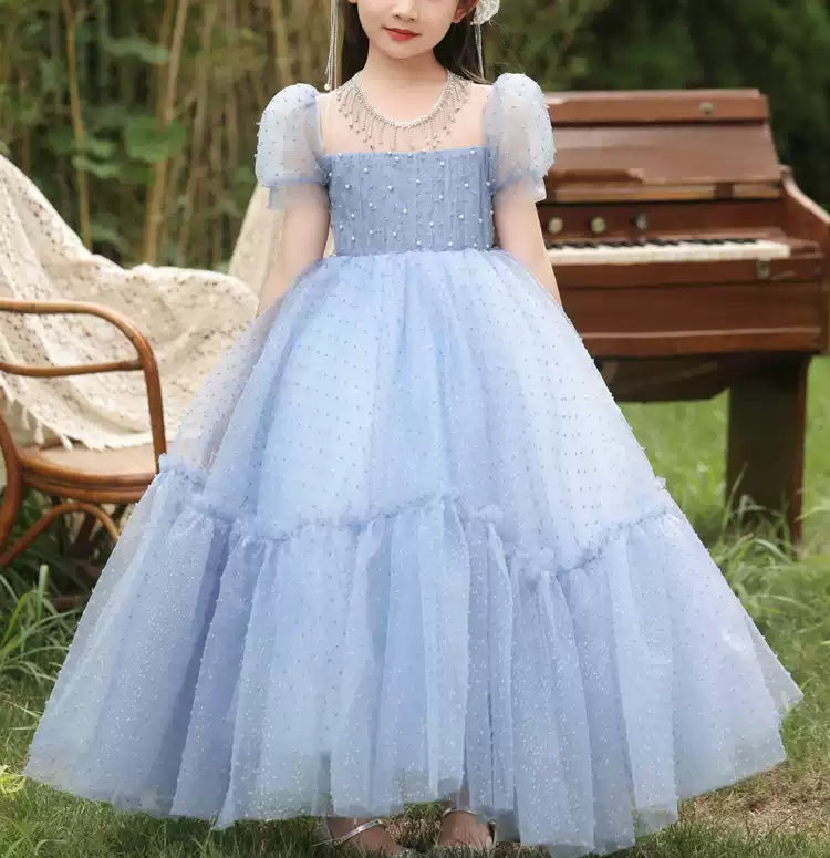 Beading Round Neck Short Sleeves Floor Length Girl Party Dresses