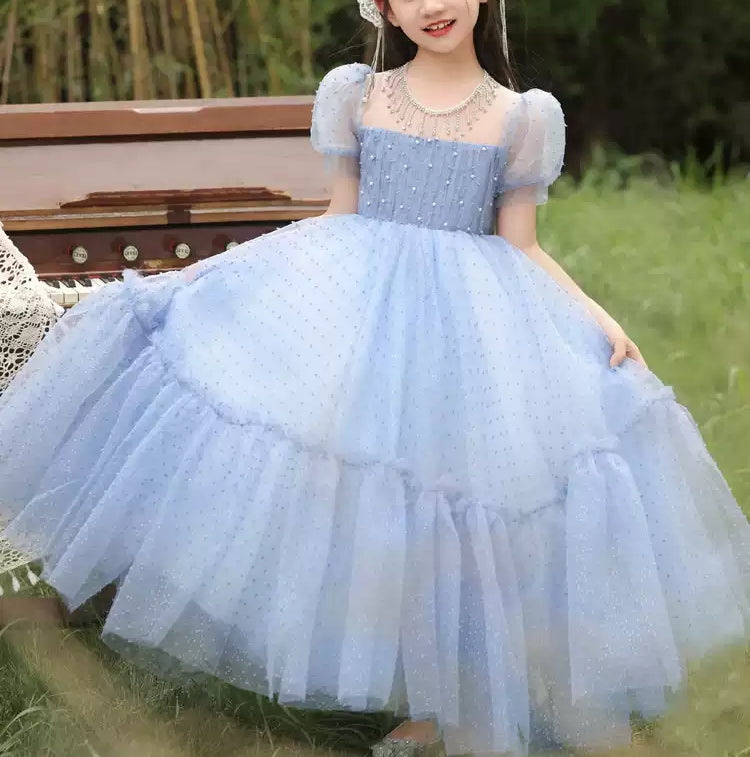 Beading Round Neck Short Sleeves Floor Length Girl Party Dresses