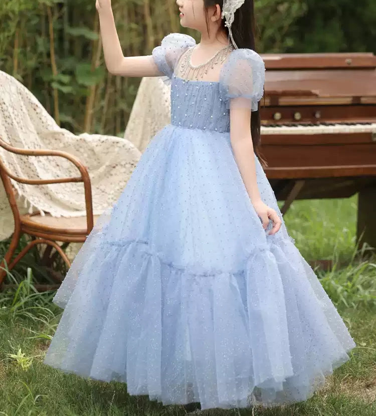 Beading Round Neck Short Sleeves Floor Length Girl Party Dresses