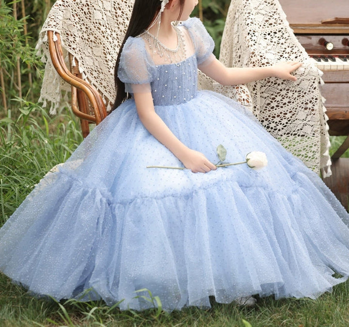 Beading Round Neck Short Sleeves Floor Length Girl Party Dresses