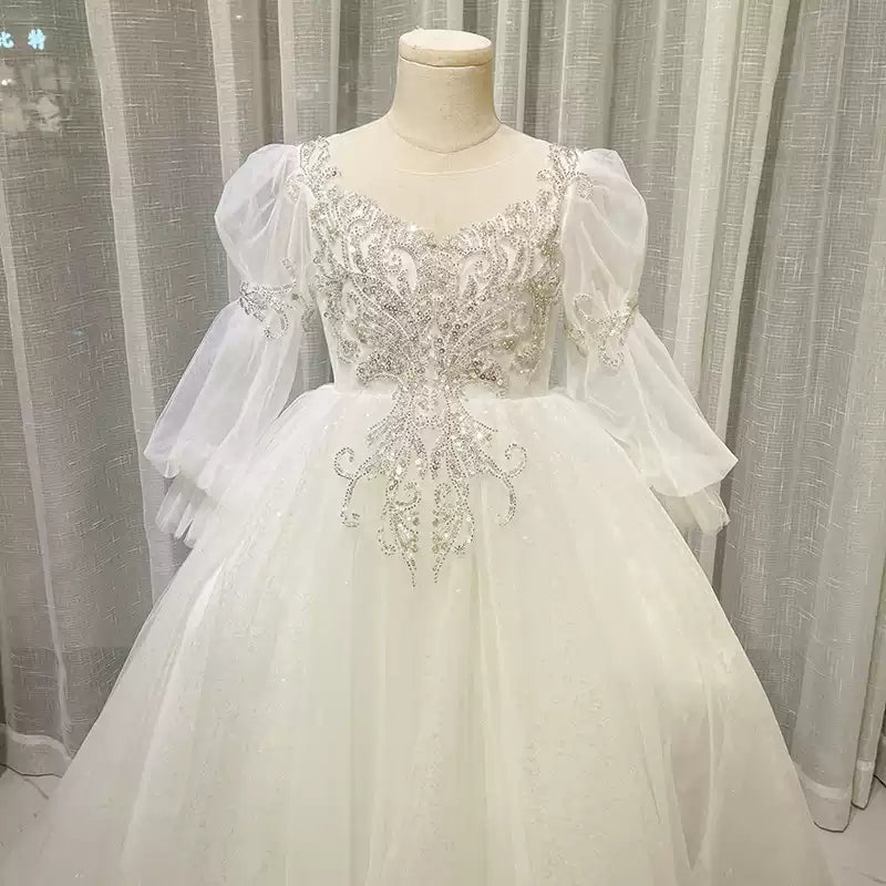 Ball Gown Round Neck Long Sleeves Flower Girl Lace Dress with Crystal Appliques