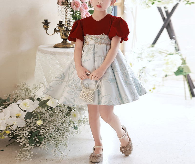 V-Neck Short Sleeves Knee-Length Embroidery Girl Party Dress with Appliques