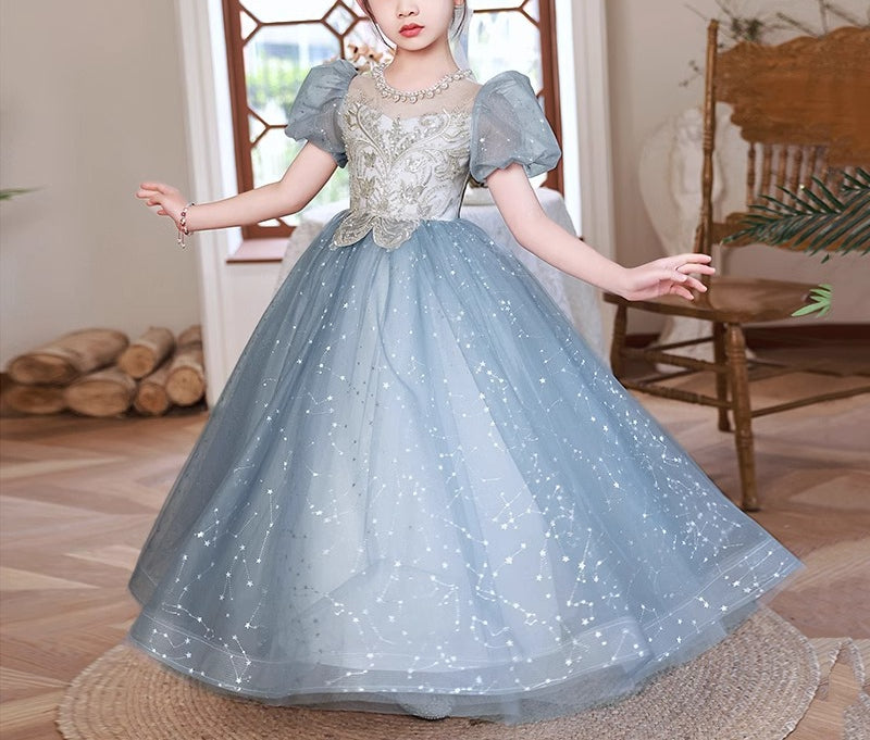 Beading Round Neck Short Sleeves Princess Girl Party Dress with Crystal Appliques