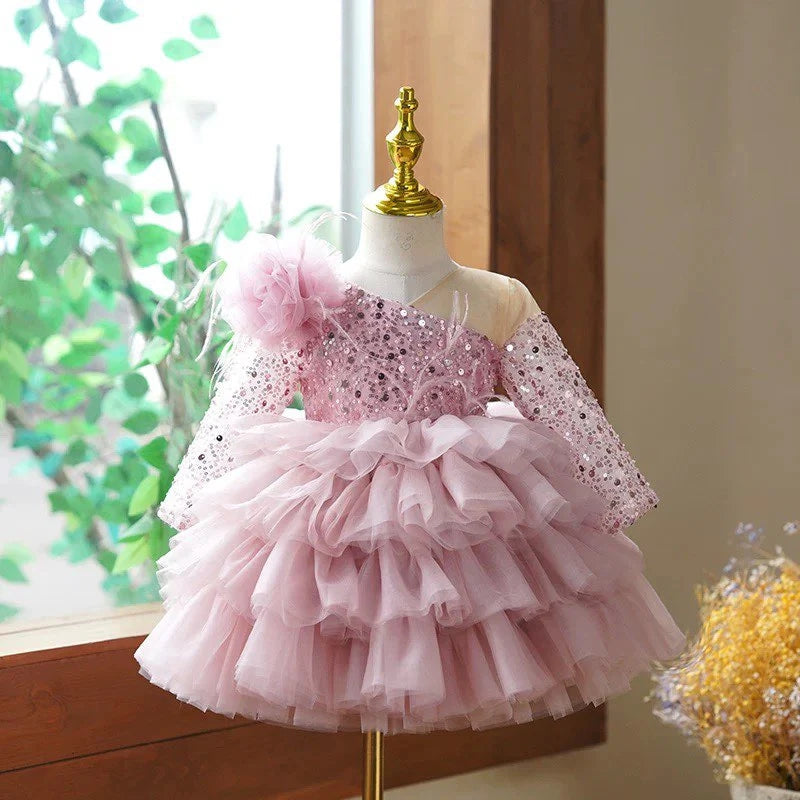 Ball Gown Long Sleeves Knee-Length Layered Baby Girl Party Dress with Flower & Feathers