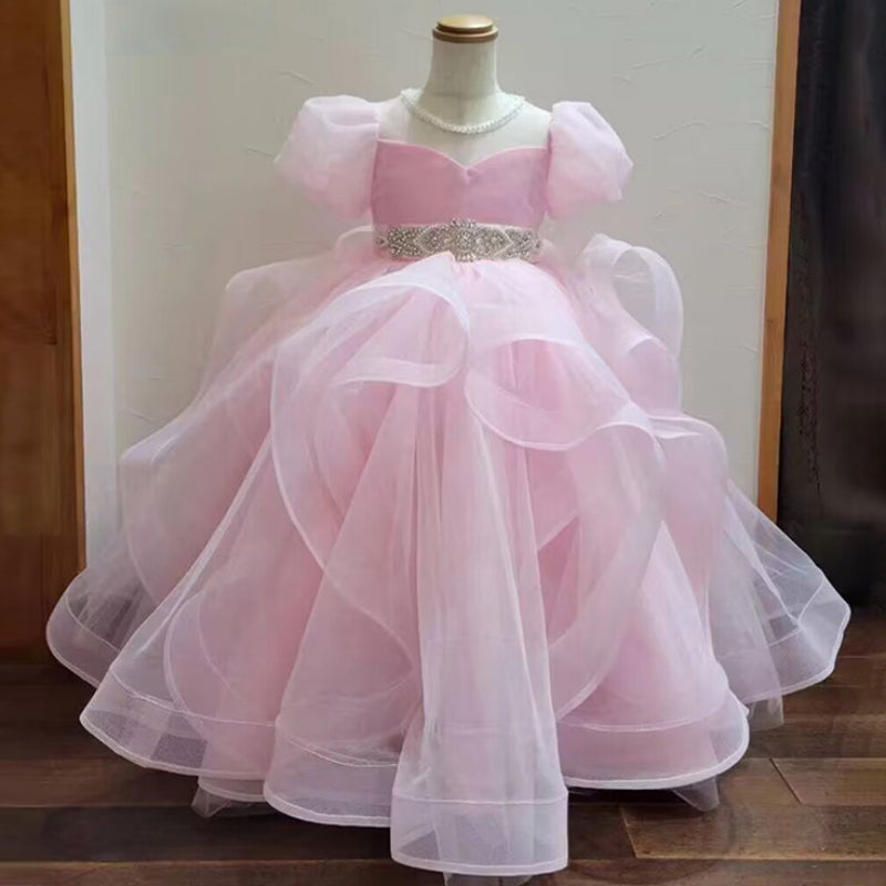 Ball Gown Beaded Round Neck Short Sleeves Flower Girl Dress with Rhinestone Sash