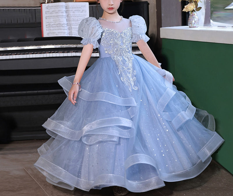 Ball Gown Short Sleeves Flower Girl Party Dresses with Rhinestone Appliques