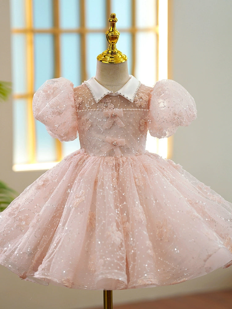 A-Line/Princess Short Sleeves Knee-Length Girl Lace Party Dress with Bows