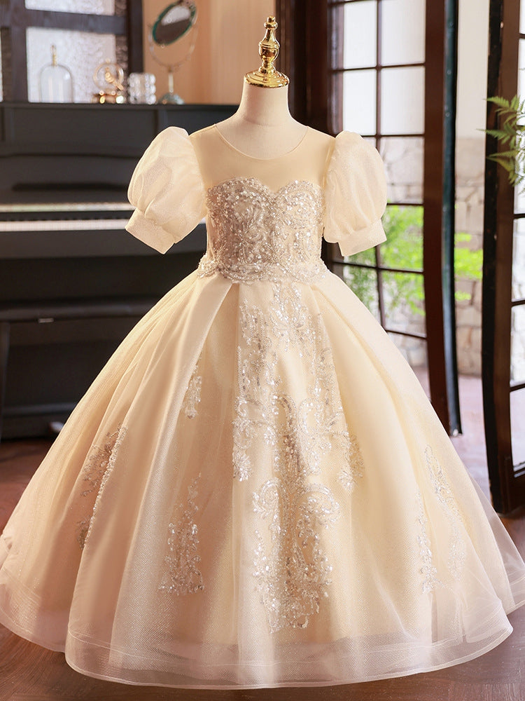 Ball Gown Short Sleeves Flower Girl Party Dresses with Rhinestone Appliques