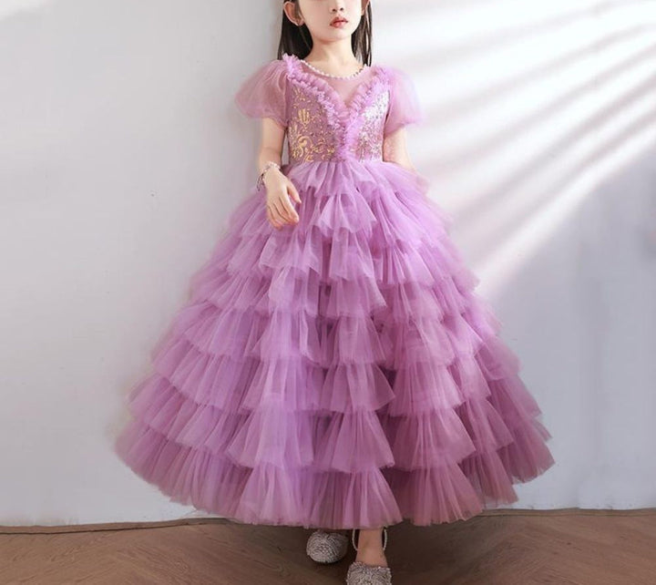 Ball Gown Short Sleeves Layered Girl Party Dresses with Rhinestone Appliques