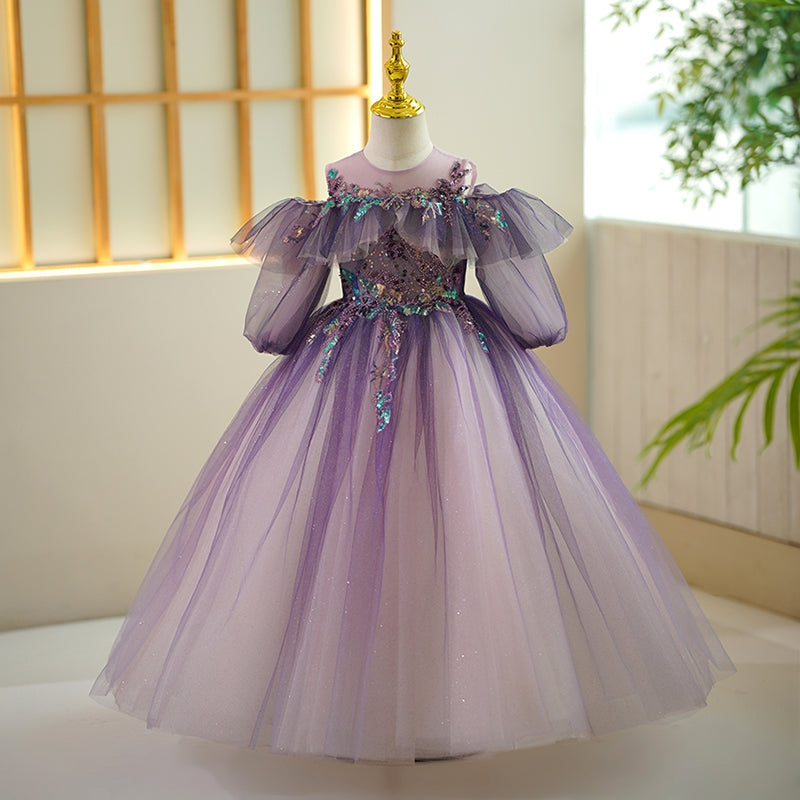 A-Line/Princess Off-the-Shoulder Flower Girl Party Dress with Rhinestone Appliques