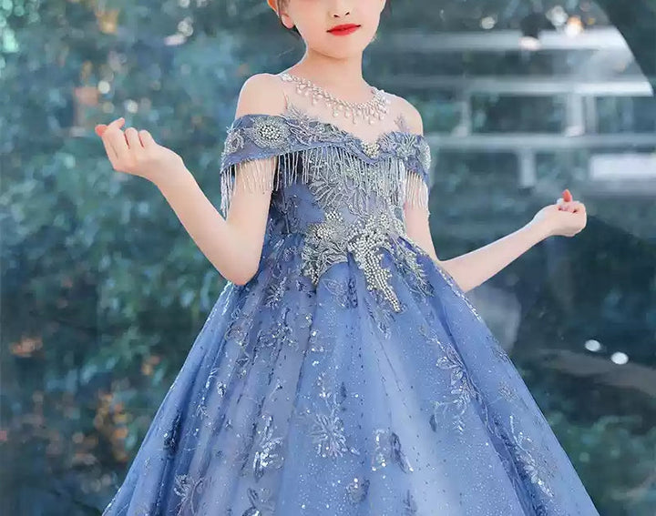 A-Line/Princess Off-the-Shoulder Girl Party Dress with Crystal Appliques & Train