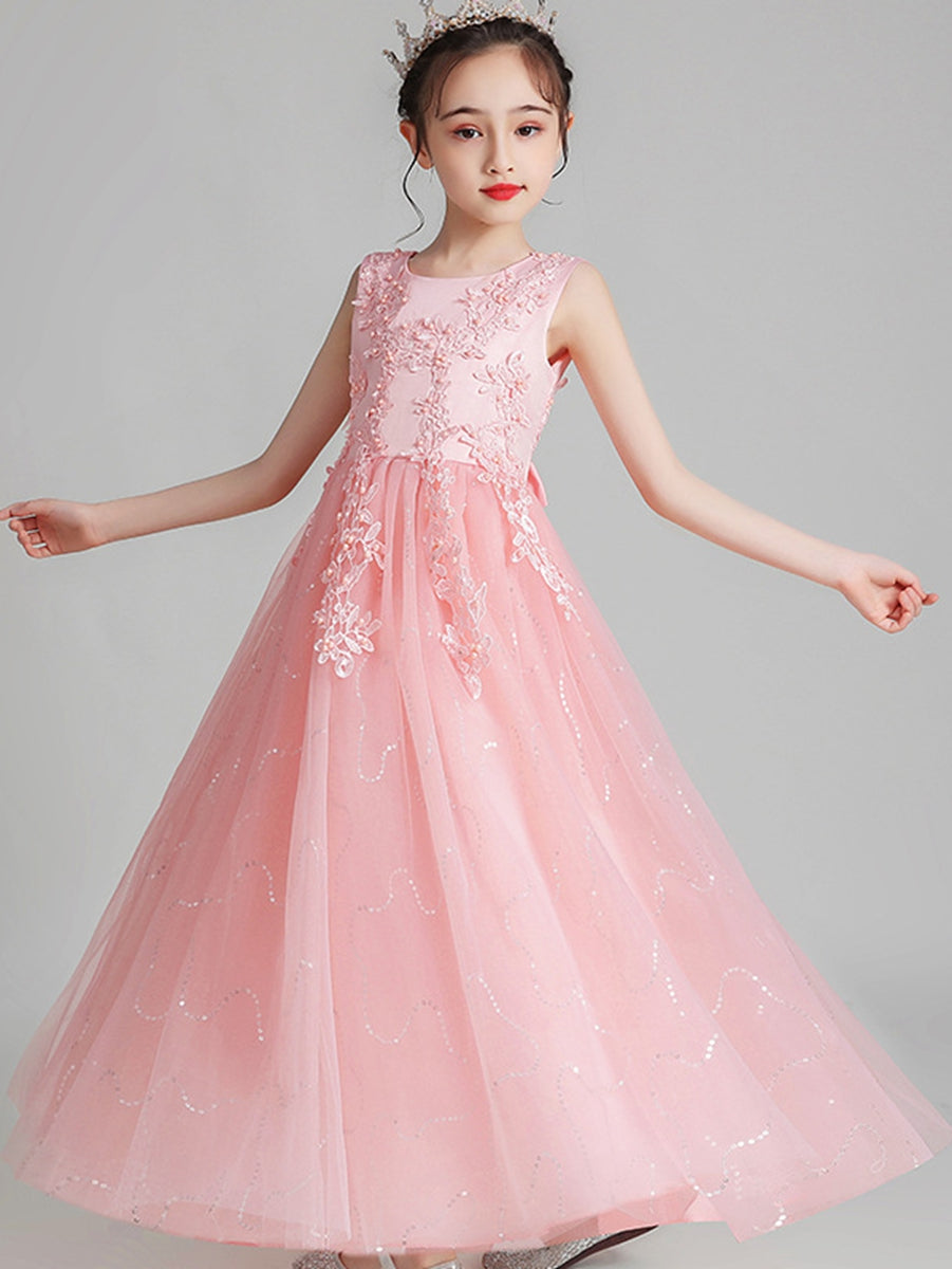 A-Line/Princess Scoop Neck Sleeveless Tulle Flower Girl Dress with Lace Appliques & Ruffles