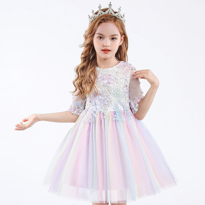 Ball Gown Scoop Neck Half Sleeves Tulle Flower Girl Dress with Appliques & Bow