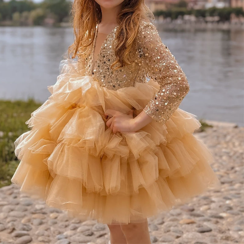 Ball Gown Square Neck Long Sleeves Sparkling Sequins Flower Girl Dress with Ruffles & Bow