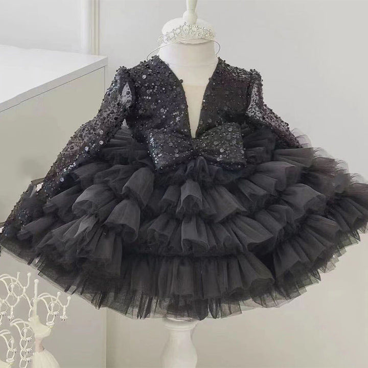 Ball Gown Square Neck Long Sleeves Sparkling Sequins Flower Girl Dress with Ruffles & Bow