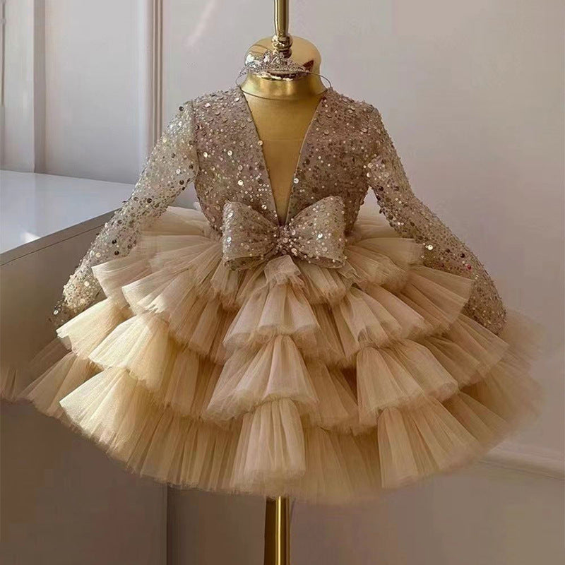 Ball Gown Square Neck Long Sleeves Sparkling Sequins Flower Girl Dress with Ruffles & Bow