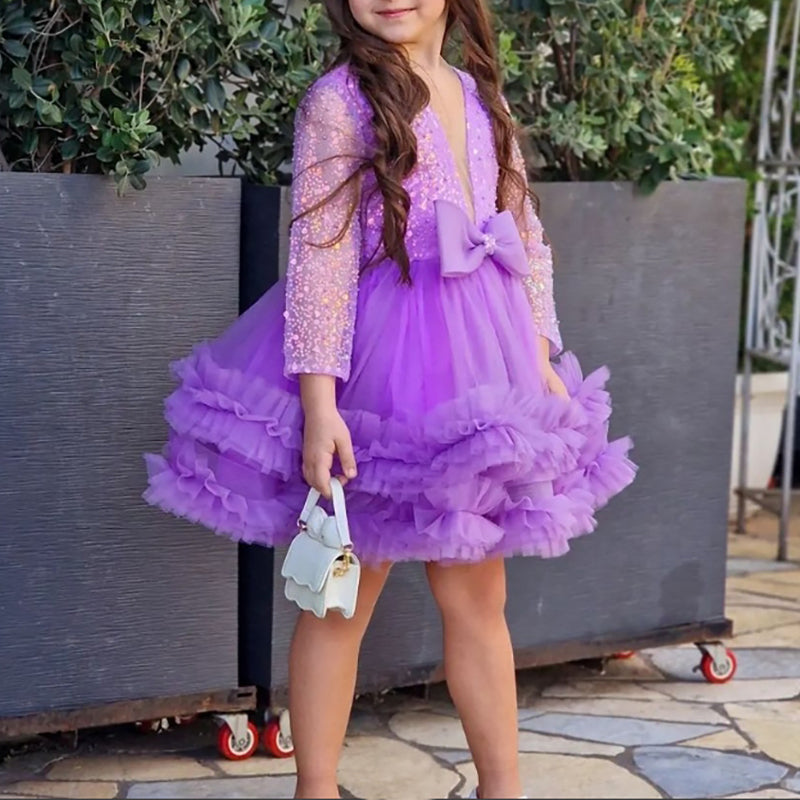 Purple Ball Gown Round Neck Long Sleeves Elegant Flower Girl Dress with Sequins & Bow