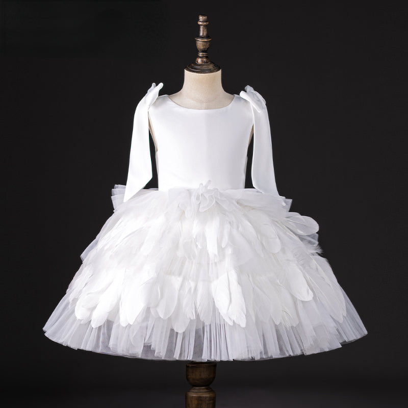 A-Line/Princess Round Neck Sleeveless Elegant White Flower Girl Dress with Feathers & Bow