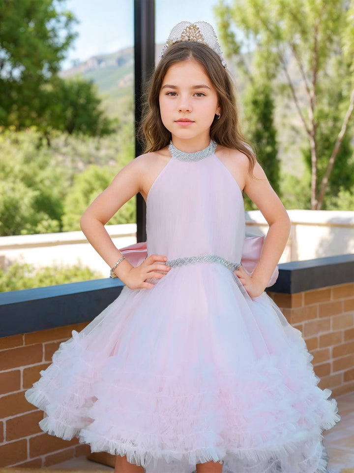 Ball Gown Halter Sleeveless Luxurious Pink Flower Girl Dress with Rhinestone & Watteau Train