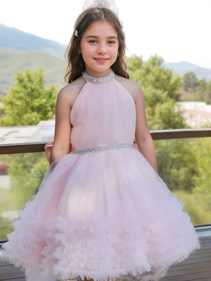 Ball Gown Halter Sleeveless Luxurious Pink Flower Girl Dress with Rhinestone & Watteau Train