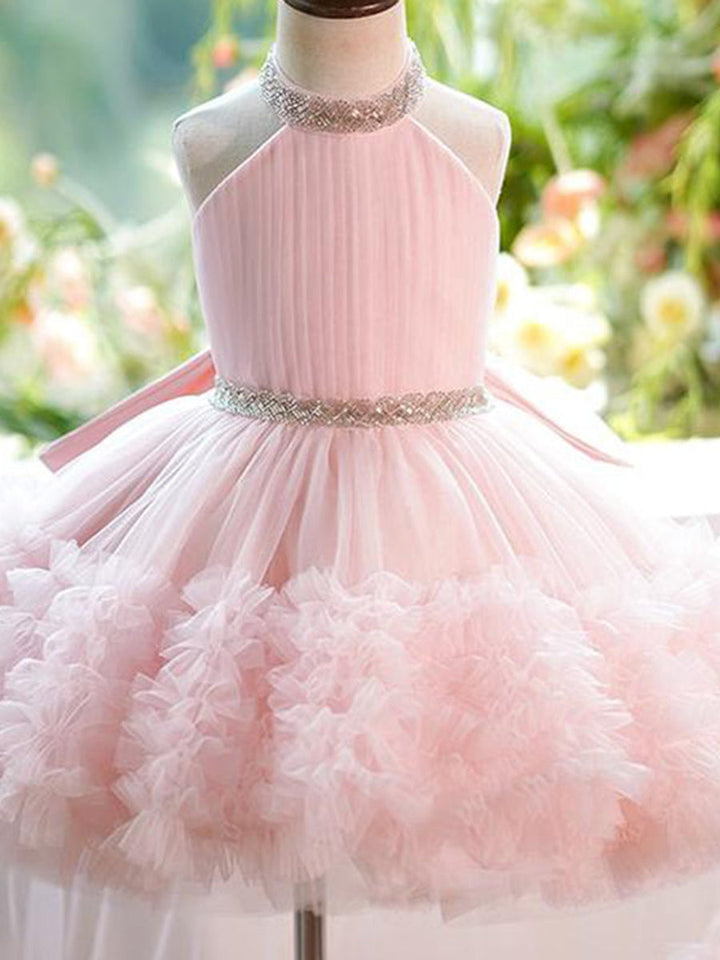 Ball Gown Halter Sleeveless Luxurious Pink Flower Girl Dress with Rhinestone & Watteau Train