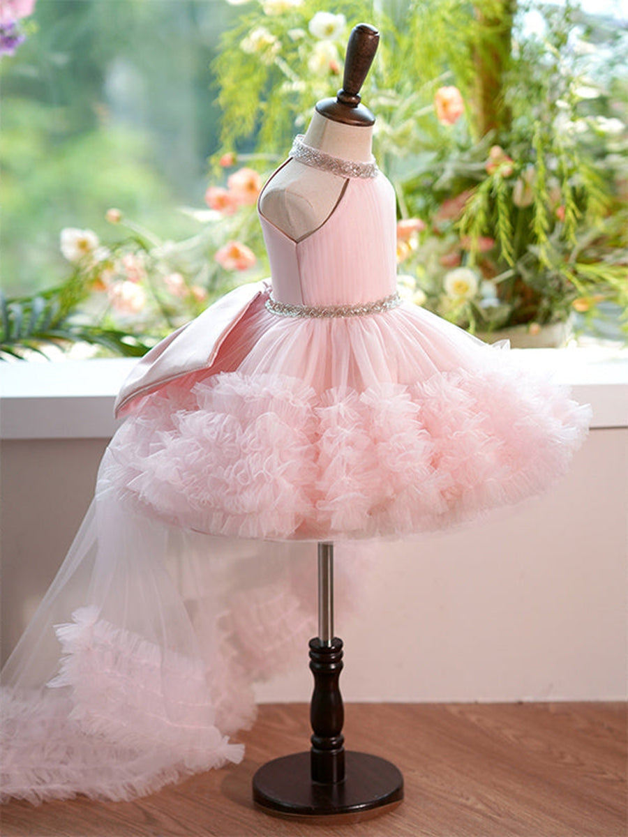 Ball Gown Halter Sleeveless Luxurious Pink Flower Girl Dress with Rhinestone & Watteau Train