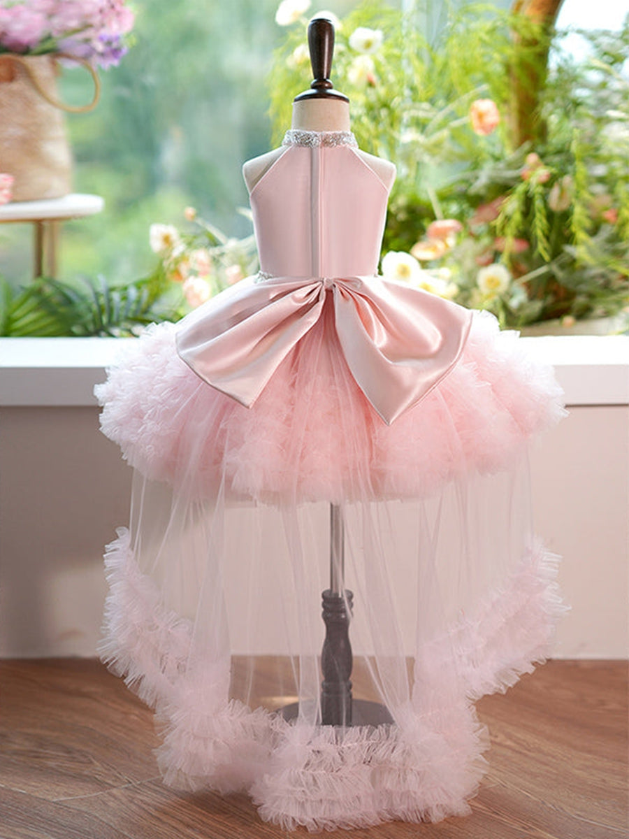 Ball Gown Halter Sleeveless Luxurious Pink Flower Girl Dress with Rhinestone & Watteau Train