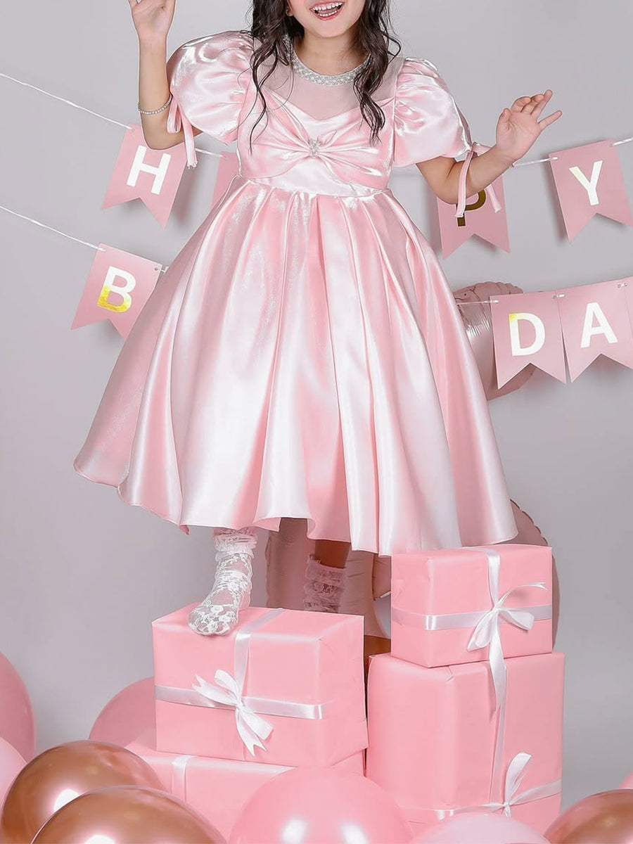 Ball Gown Scoop Sweet Tea Length Flower Girl Dress With Ruffles & Bow(s) & Pearl