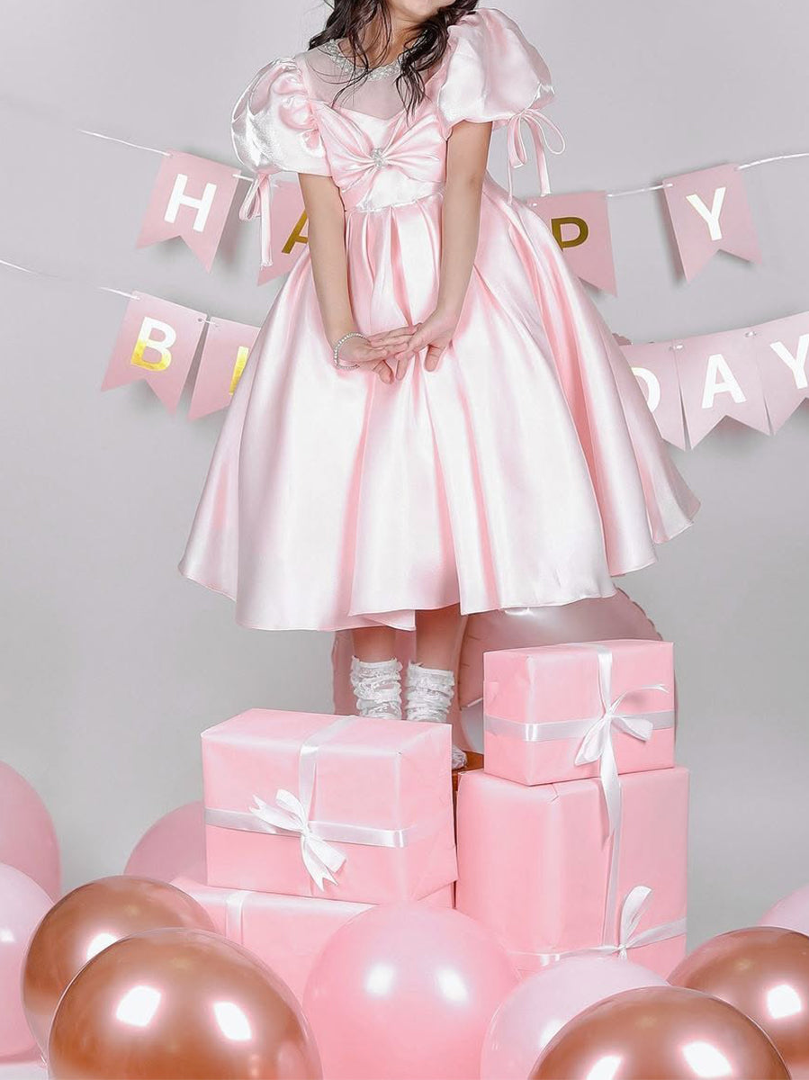 Ball Gown Scoop Sweet Tea Length Flower Girl Dress With Ruffles & Bow(s) & Pearl