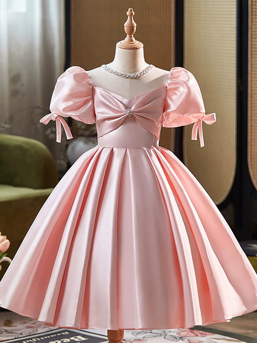 Ball Gown Scoop Sweet Tea Length Flower Girl Dress With Ruffles & Bow(s) & Pearl