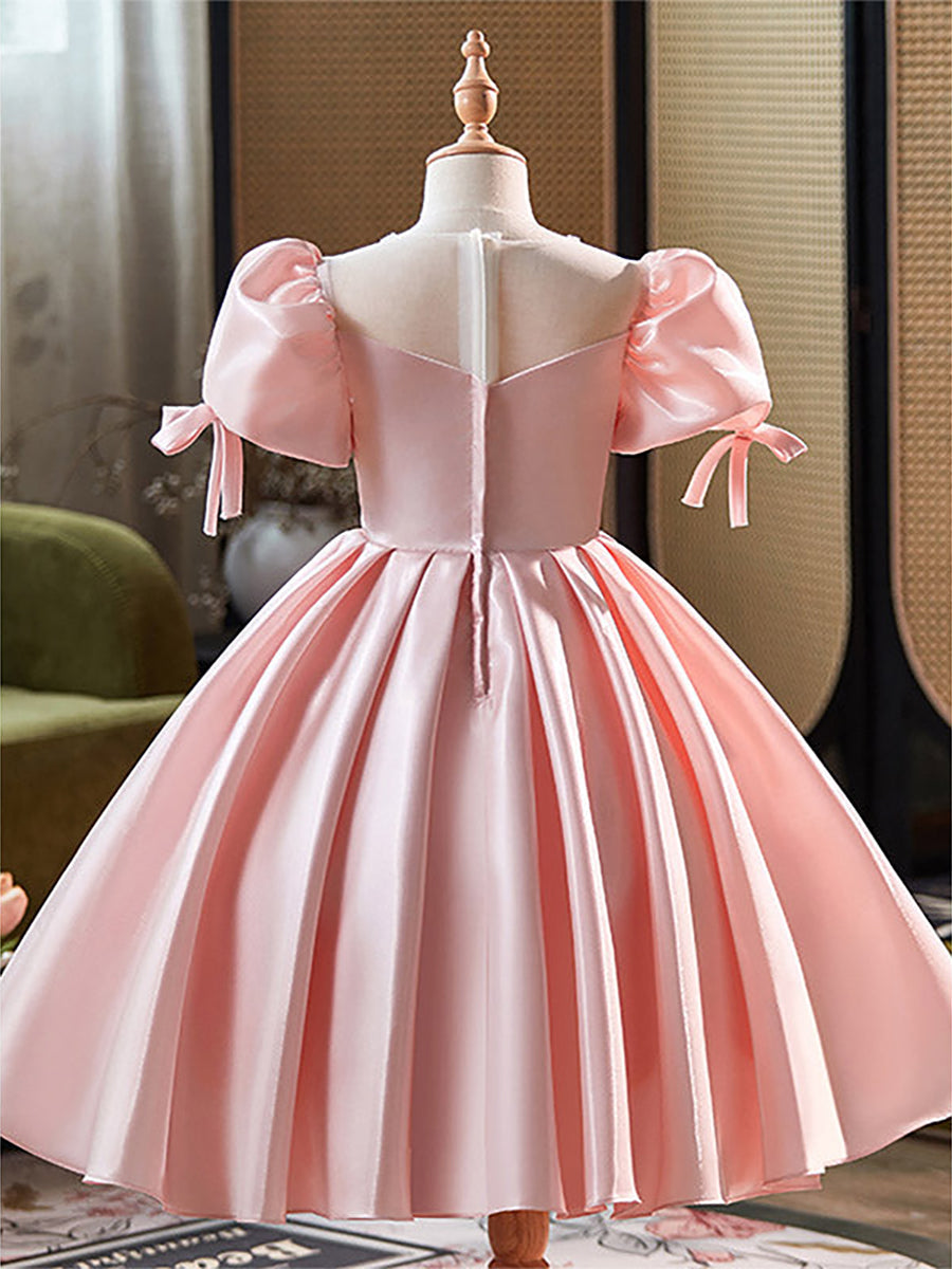 Ball Gown Scoop Sweet Tea Length Flower Girl Dress With Ruffles & Bow(s) & Pearl