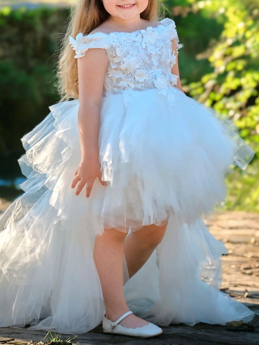 Ball Gown Off-the-Shoulder Sleeveless Flower Girl Dress With Lace Embroidery & Watteau Train