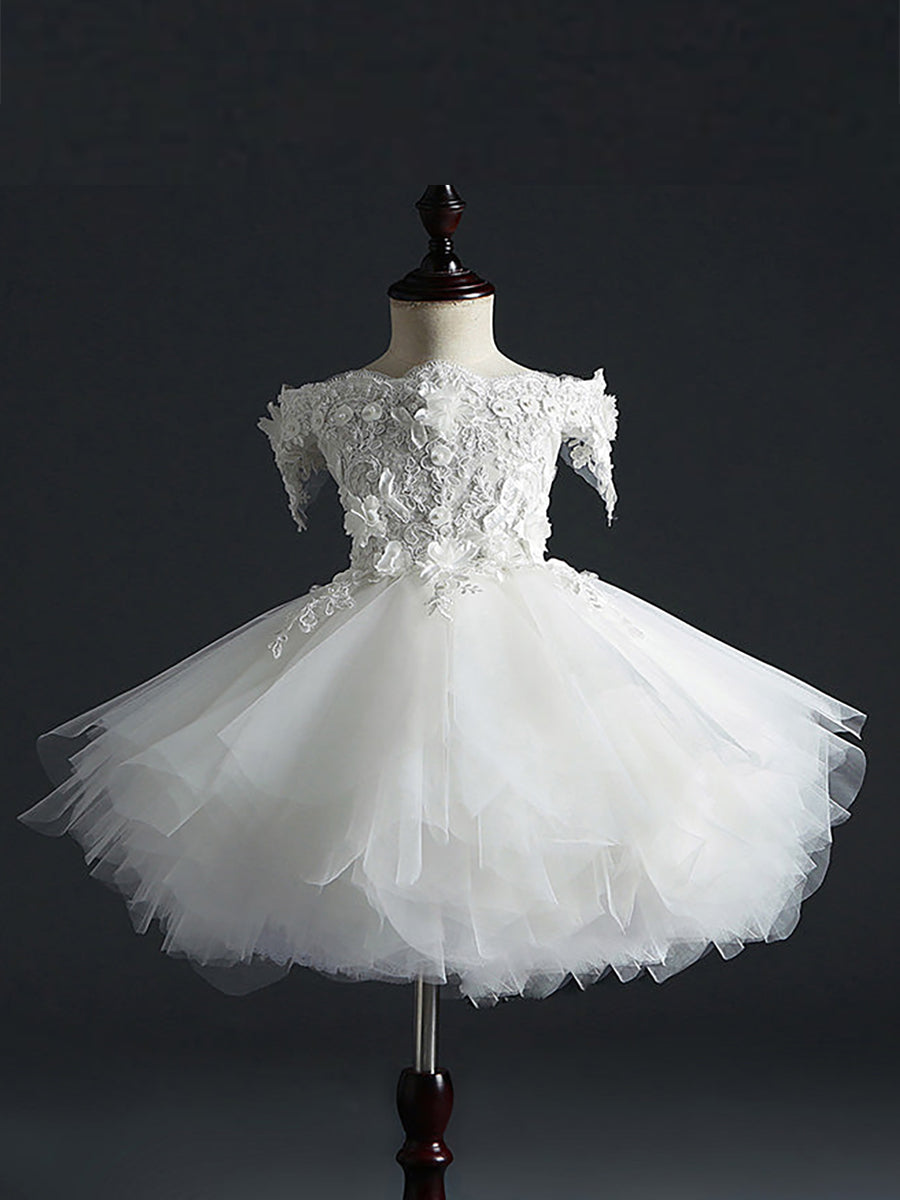 Ball Gown Off-the-Shoulder Sleeveless Flower Girl Dress With Lace Embroidery & Watteau Train