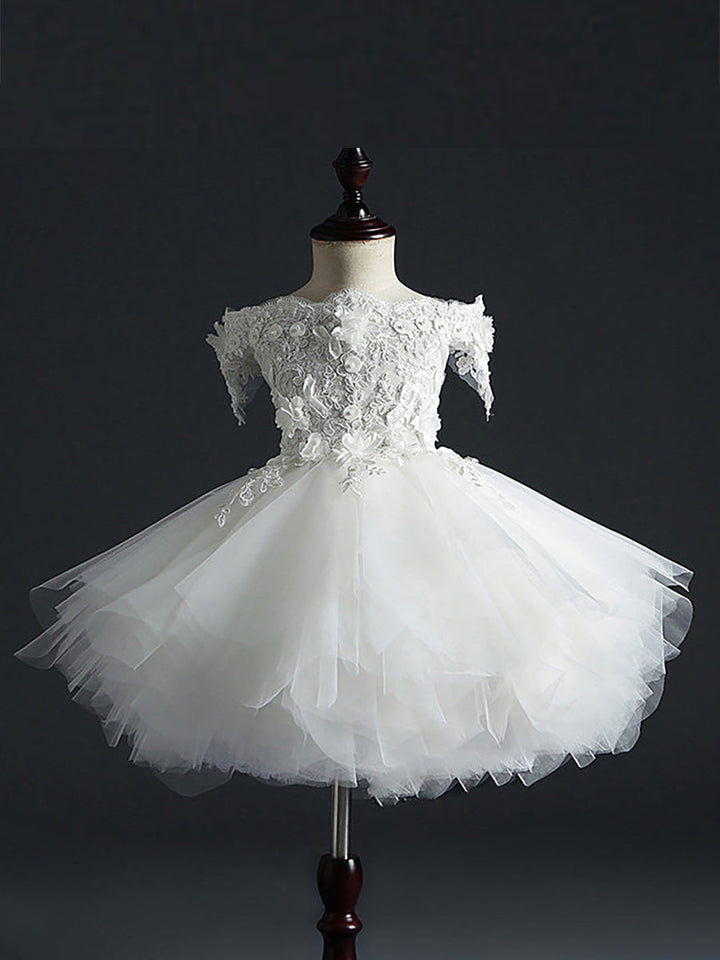Ball Gown Off-the-Shoulder Sleeveless Flower Girl Dress With Lace Embroidery & Watteau Train
