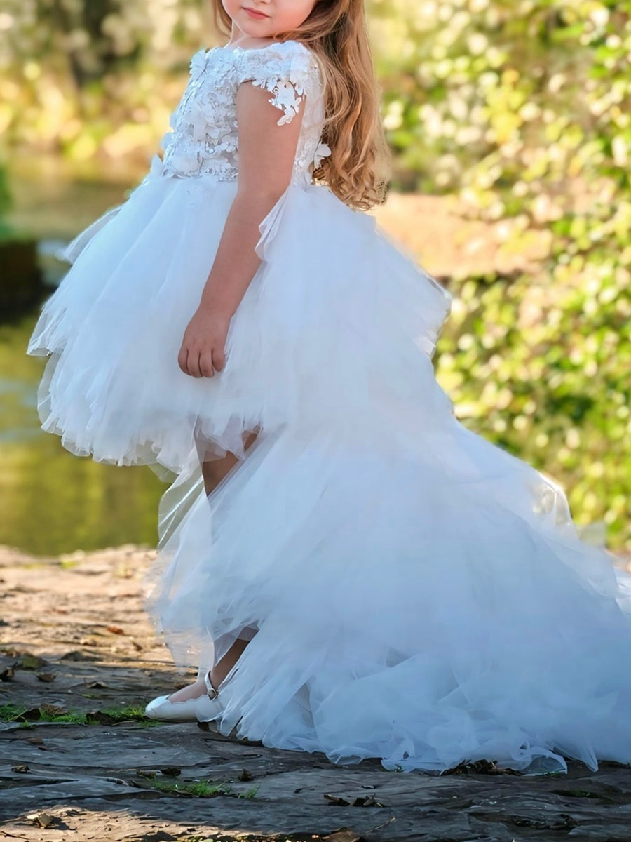 Ball Gown Off-the-Shoulder Sleeveless Flower Girl Dress With Lace Embroidery & Watteau Train