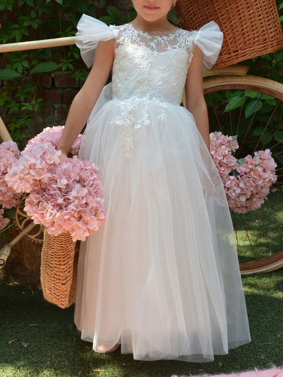 A-Line/Princess Scoop Sleeveless Luxurious Flower Girl Dress With Appliques & Watteau Train