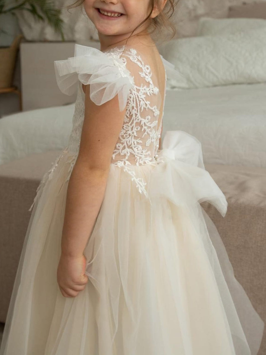 A-Line/Princess Scoop Sleeveless Luxurious Flower Girl Dress With Appliques & Watteau Train