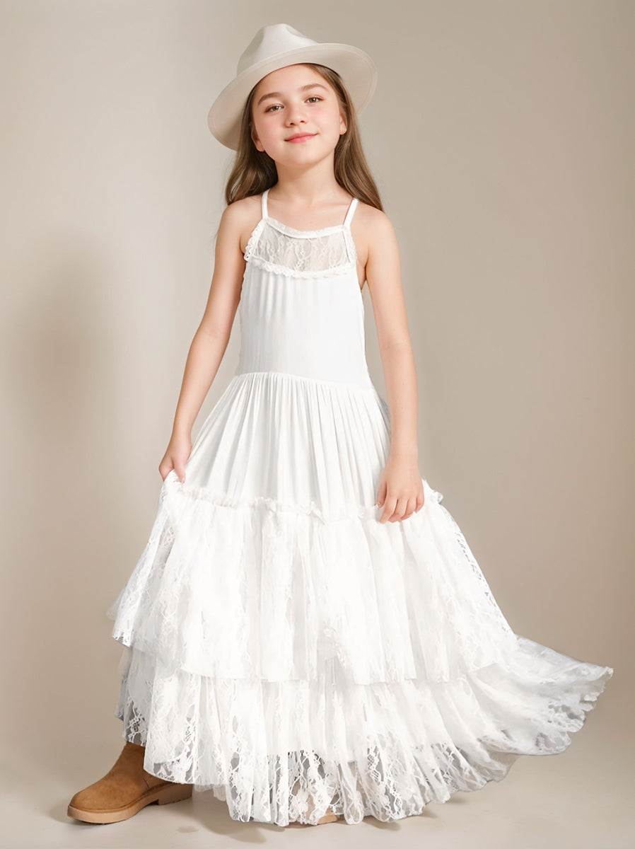 A-Line/Princess Halter Sleeveless Tiered Flower Girl Dress With Lace & Opened Back